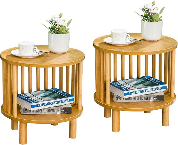 MFSTUDIO Round End Tables, 2 Pieces Bedside Table, Bamboo Wood Nightstand