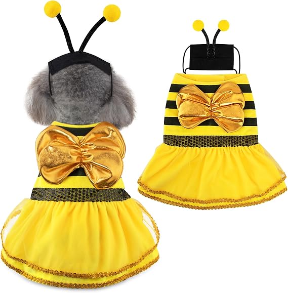 Bee Dog Halloween Costumes, Bumblebee Dog Costume for Small Medium Dogs Cats, Puppy Clothes Outfit Dress with Cap for Halloween Christmas Parties Cosplay Parade