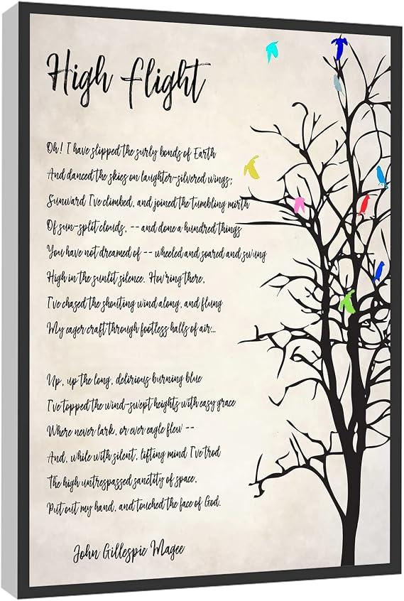 RCVTVPV High Flight By John Gillespie Magee Wall Art John Gillespie Magee Poem Art Poster Inspirational Poems Canvas Wall Art For Home Office Framed Ready to Hang 12"x16"
