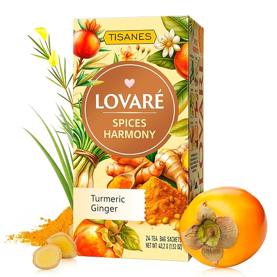 OVARE Tisanes Spices Harmony Herbal Tea Bags, Lemongrass & Rooibos with Ginger Turmeric Rosehip, Natural Persimmon & Mandarin Flavor, Individually Wrapped, Caffeine-Free, 24 Count (1.8g Each), 43.2g, Made in Ukraine (SPICES HARMONY)