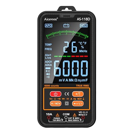 AS-118D Smart Digital Multimeter Auto-Ranging Voltmeter Electrical Tester Measures Voltage Current Capacitance Resistance Continuity Duty-Cycle Temperature Frequency(Black)