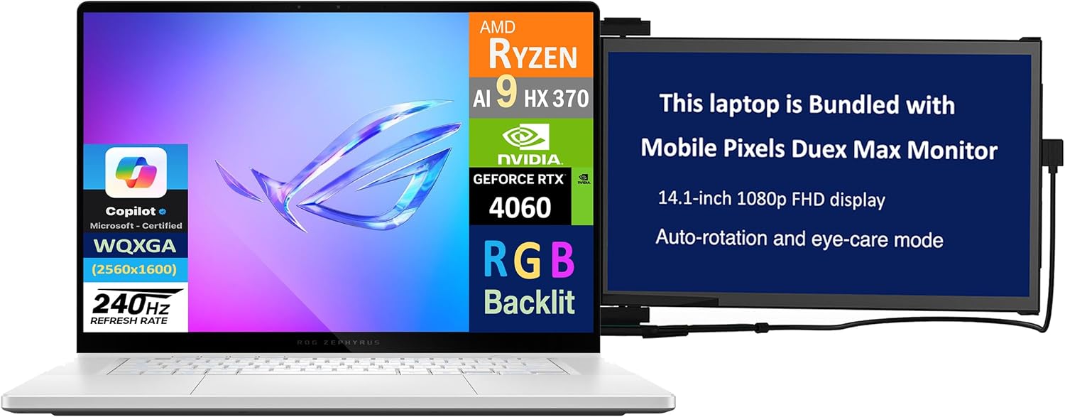 ASUS ROG Zephyrus G16 Gaming Laptop 16.0 240Hz AMOLED WQXGA Display AMD Ryzen AI 9 HX 370, GeForce RTX 4060 8GB, 16GB LPDDR5X, 2x512GB PCIe SSD 1TB, RGB KB, Win 11 Pro wDuex Max DS Monitor