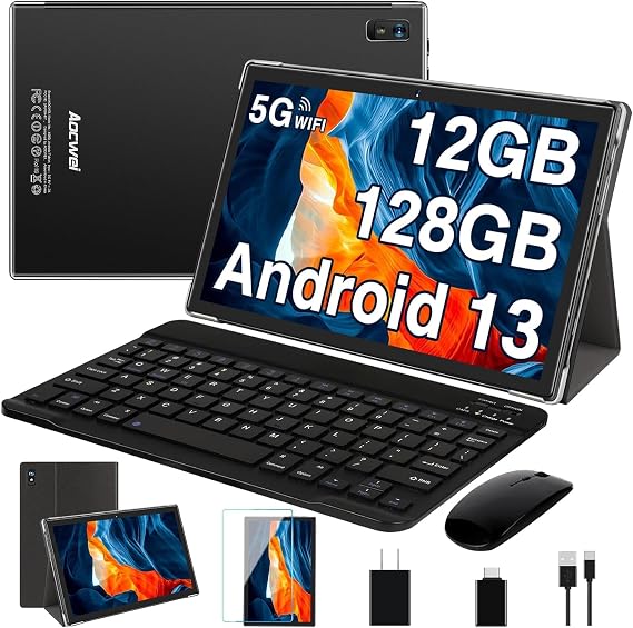 Android Tablet with Keyboard 12GB RAM 128GB ROM 1TB Expand, Octa-Core, 8000mAh 10 Inch Android 13 Tablets with 5G WiFi, HD IPS Display, Case, Mouse, GPS, Split Screen, Dual Camera, Metal Body (Black)
