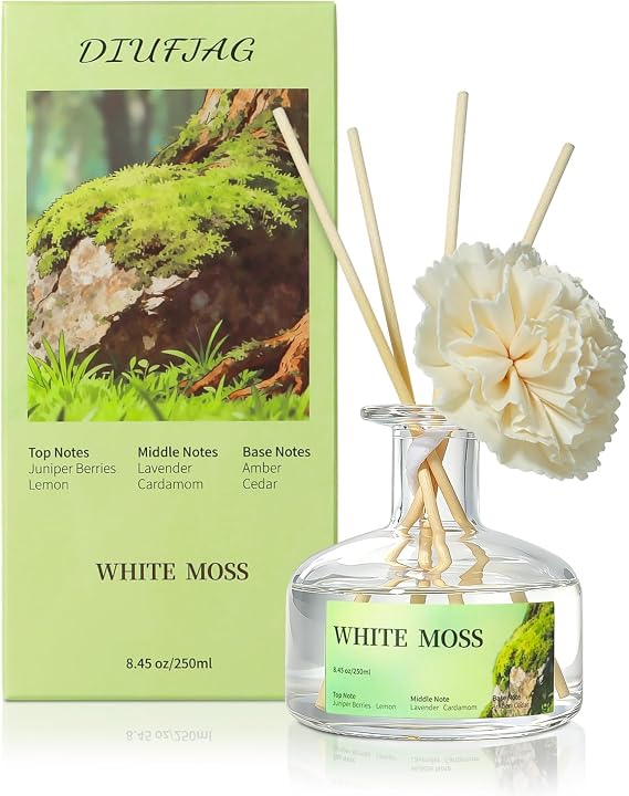 8.45 oz White Moss Scent Diffusers with 6 Reed Sticks,250ml Reed Diffuser for Bathroom Room Air Freshener, Last up for 50 Days