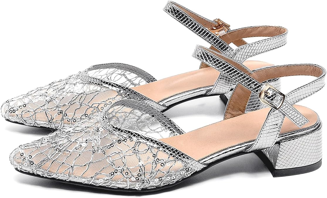 Women's Silver Mesh Flats Sandals Silver Pumps Chunky Heel Glitter Pointed Toe Buckle