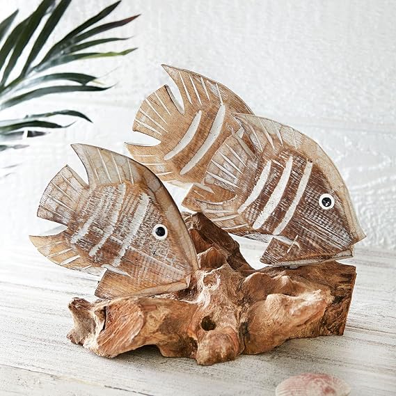 BLACK FOREST DECOR Driftwood White Striped Fish Sculpture 10" Wx9 Dx8 H