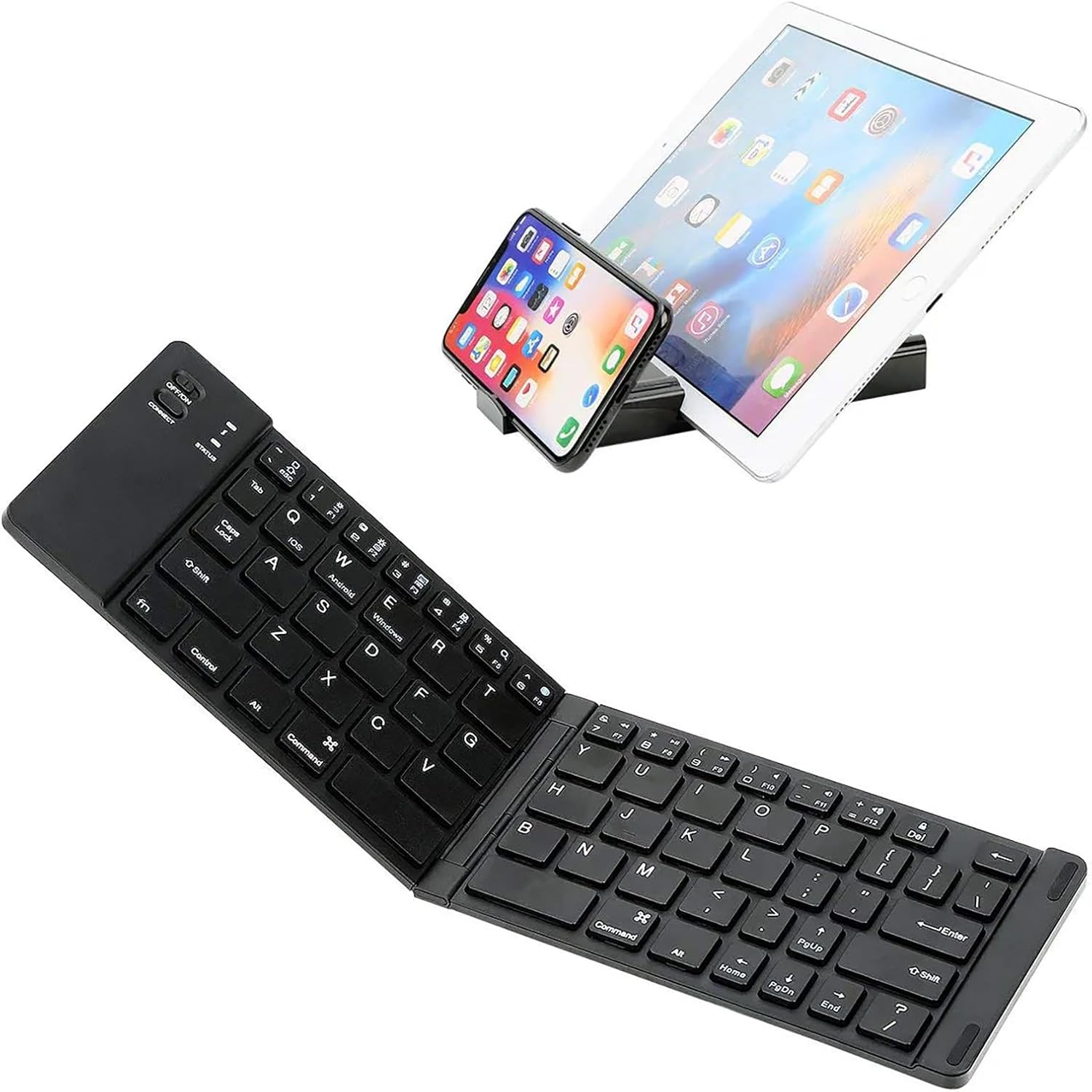 Wireless Bluetooth Keyboard Compatible with Micromax Q301 Built-in Phone HolderStand-Ultra Slim Folding Rechargeable Full Size Keyboard