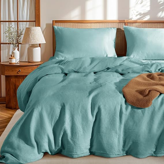 LBRO2M 100% France Linen Duvet Cover Set 3 Pcs Natural Flax Duvet Cover Set 2 Pillowcase 1 Duvet Cover with Zipper (Aqua Full)