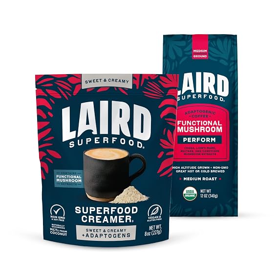 Laird Superfood Perfect Cup Bundle, Medium Roast Ground Coffee with Funtional Mushrooms and 16oz Sweet & Creamy Non-Dairy Creamer with Adaptogens