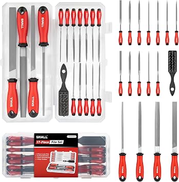 SHALL 17Pcs Metal File Set - Premium Grade T12 Drop Forged Alloy Steel - Flat/Triangle/Half-round/Round Large File & 12pcs Needle Files with Storage Box, Wire Brush - for Metal, Wood & Plastic