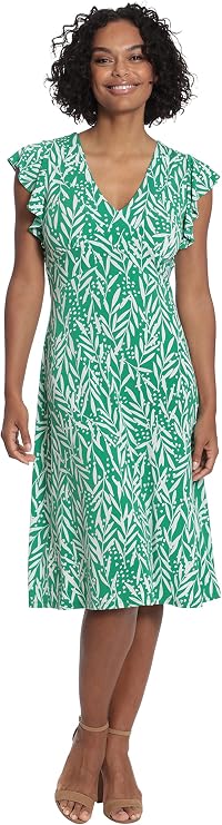 London Times Women's London Times Women's Dresses Leaf Print V-Neck Ruffle Sleeve Dress