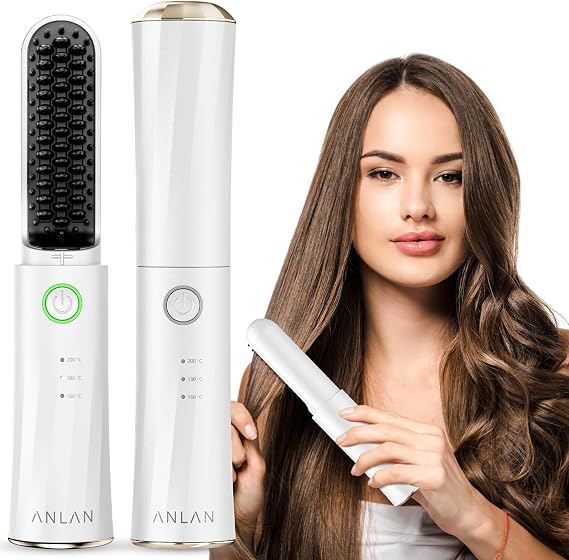 ANLAN Cordless Hair Straightener Brush Portable Straightening Brush for Travel, Mini Hot Ionic Straightener Comb for Women, Rechargeable & Travel-Friendly for All Hair Textures, White