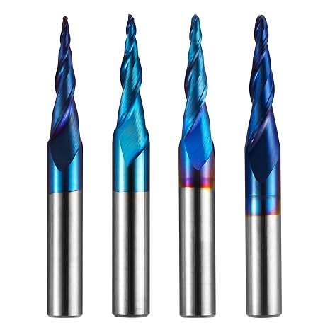 Genmitsu 4pcs 2-Flute Tapered Ball Nose Spiral End Mill, Nano Blue Coating Tungsten Carbide CNC Router Bits, 2D and 3D Engraving Carving Woodworking Bits, R0.25-1.0, 1/4'' Shank, TB04B