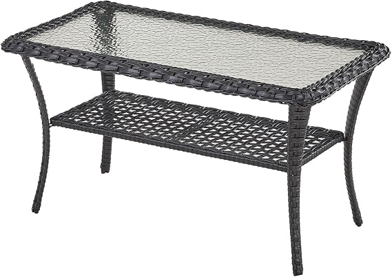 Belord 38 Inch Outdoor Coffee Table with 2 Tier Storage - Wicker Coffee Table with Water Ripple Texture Tempered Glass Top, All Weather Patio Coffee Table for Deck Porch Balcony Garden Black