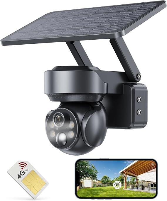 4G Cellular Solar Powered Security Cameras,Solar Powered Wireless Outdoor Camera,2K HD PTZ Motion Detection LED Spotlight & Siren Alert SD&Cloud Storage IP65 (Black), Q2-4G-US-Black