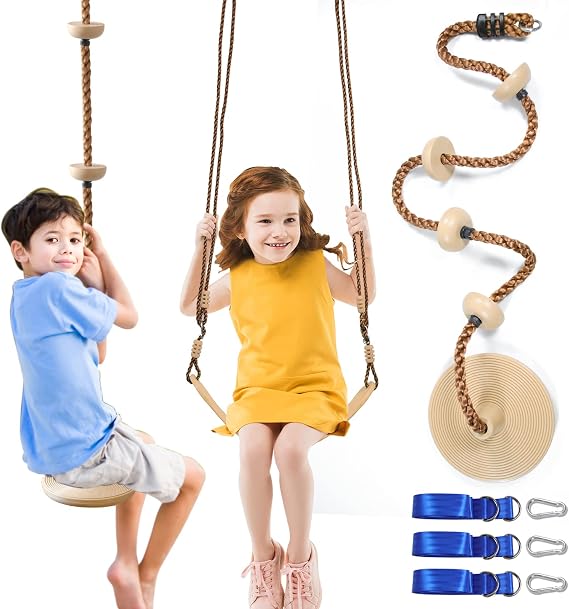 Tree Swing Climbing Rope 2 Pack Multicolor with Platforms Red Disc Swings Seat - Outdoor Playground Set Accessories Tree House Flying Saucer Outside Toys - Bonus Carabiner and 4 Feet Strap (Khaki)