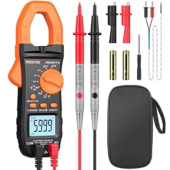Proster Digital Clamp Meter 6000 Count - 800A DC AC Current Ammeters AC/DC Voltage Multimter, TRMS NCV Continuity Capacitance Resistance Frequency Diode Hz Tester, with Test Leads, Alligator Clips