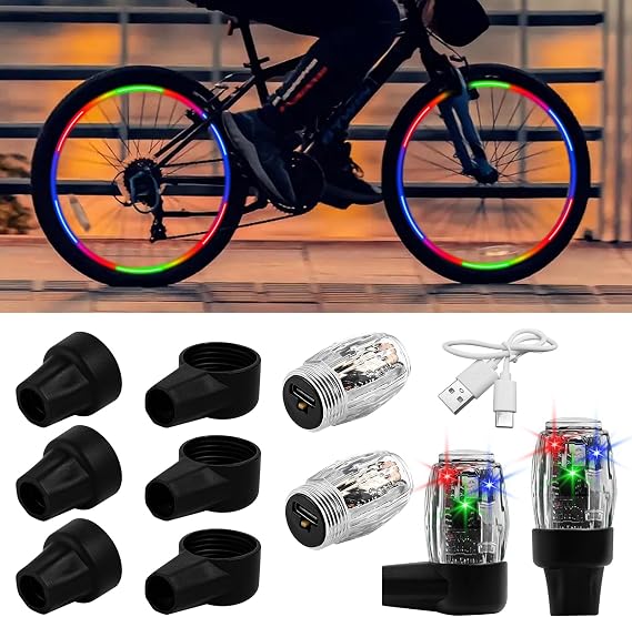4PCS Tire Valve Light Vibration Sensor Dazzle Color LED Light Rechargeable Tire Valve Caps Lamp 4 Straight & 4 Curved Bases Light Sensor American Style Valves for Cars, Motorcycles, Bicycles