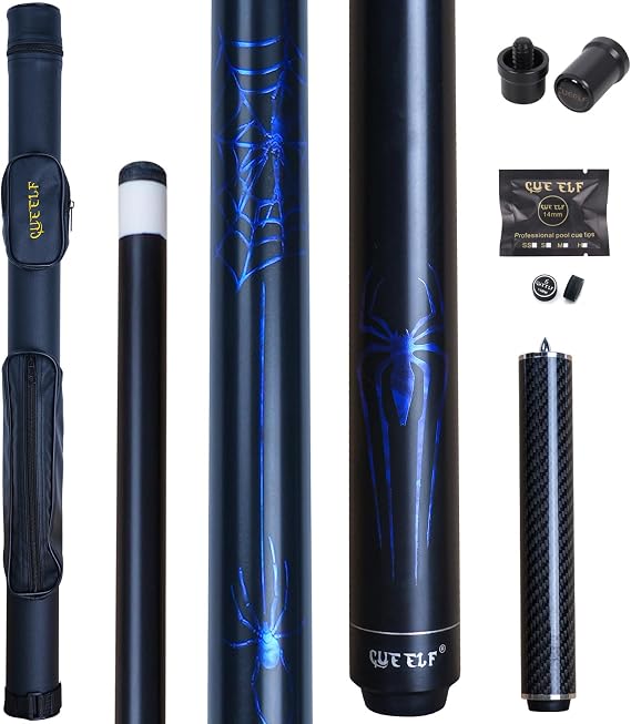 CUEELF 58" 2-Piece Low Deflection Pool Cue Spider Pattern, Spray Black Maple Forearm with Carbon Fiber Extension, 1x1 Hard Case, Joint Protectors & Replacement Tip