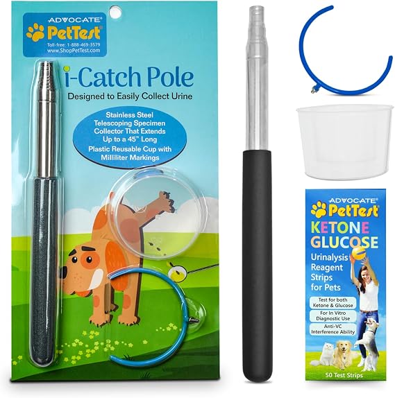 Pet Ketone Glucose Test Bundle: Ketone Glucose Test Strips and i-Catch Pole | At home Ketone-Glucose Testing 50 Strips with Urine Collector Extendable Pole