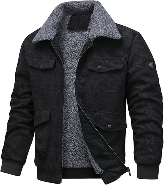 Sherpa Lined Corduroy Jacket for Men Winter Warm Faux Fur Collar Coats Thickened Heavyweight Plush Fleece Outwear