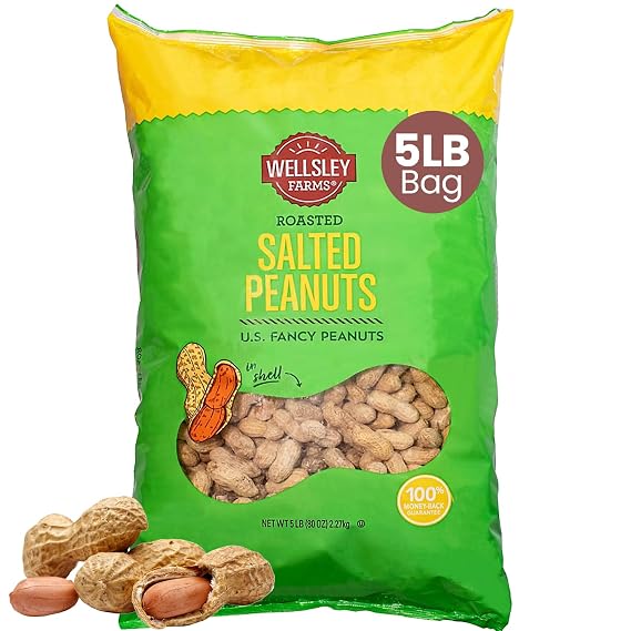 Wellsley Farms Salted Roasted Peanuts In Shell, USA Grown Whole, Non-GMO, Gluten-Free, Vegan, Cholesterol-Free, Shell-Cracking Snack for Game Day, BBQ & Travel, 5 lb Bag