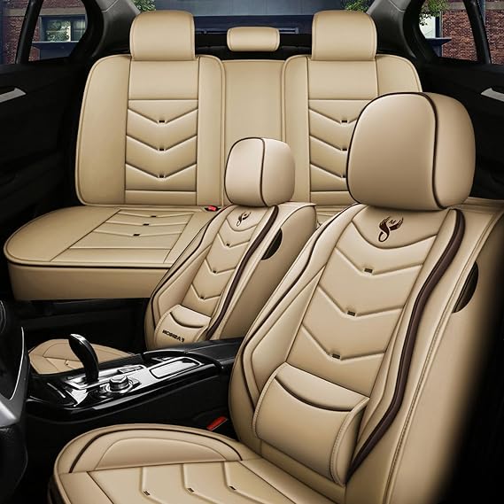 5 Seat Covers for Cadillac ATS 2013-2019 Leather Waterproof Breathable Car Seat Covers, Interior Accessories Seat Cover Cushion Airbag Compatible (Beige, Standard)