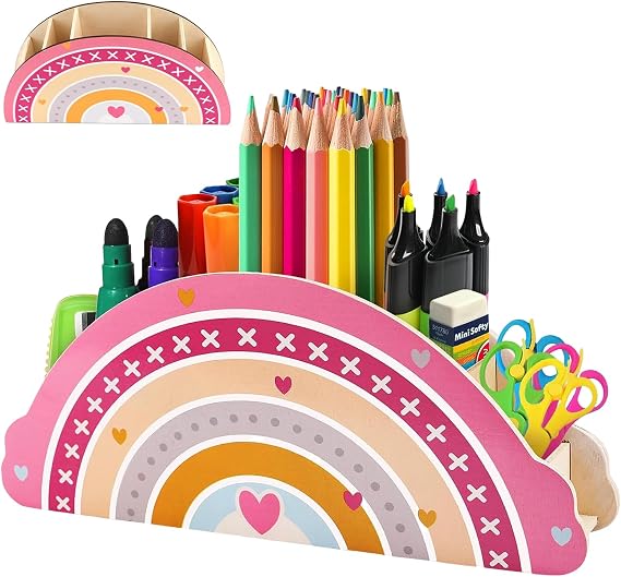 Rainbow Shaped Pen Holder, Multi Slot Desktop Stationery Organizer, Cute Colorful Pencil Cup for Students Office Makeup Brush Storage