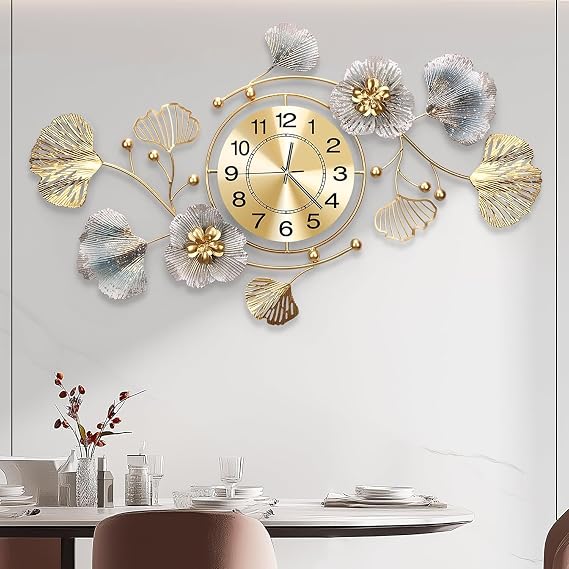 33" Modern Farmhouse Large Decorative Wall Clock, Ginkgo Metal Art