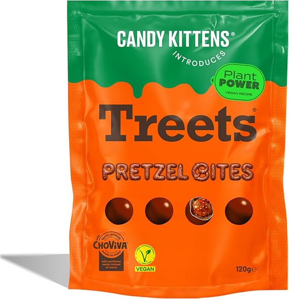 Candy Kittens Introduces - Treets, Pretzel Bites - Plant-Based Vegan Chocolate Crunchy Snack, Ideal for Sweet Hampers or Pick & Mix, Vegan Sweets Made with Cocoa-Free Choviva Shell - 120g, Pack of 1