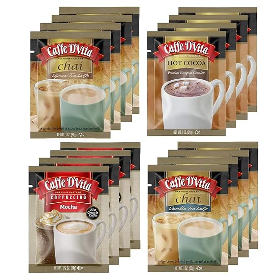 (16 Pack, 4 of Each Flavor) Caffe D'Vita Cappuccino & Chai Assortment (Spiced Tea Latte, Vanilla Tea Latte, Hot Cocoa, Mocha) - Instant Cappuccino Chai Latte Mix, Gluten Free - 0.5 oz each