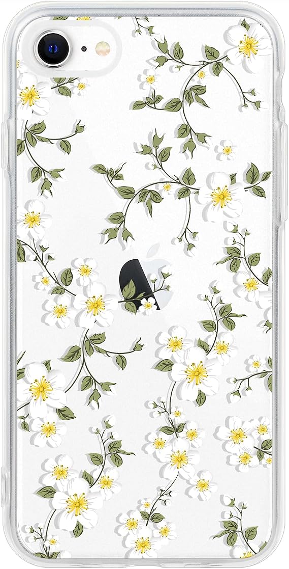 Cute Floral Phone Case Compatible with iPhone 7/8/ SE 2020/ SE 2022, White Flowers Aesthetic Pattern Print Soft TPU Drop Protection, for Girls Women