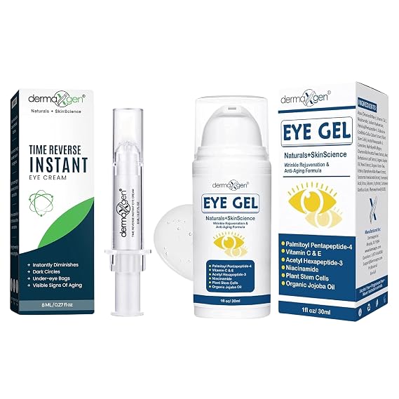 Instant Eye Treatment & Gel Bundle Featuring Plant Stem Cells & Advanced Time Reverse Anti-Aging Eye Cream for Smooth Fine Lines, Wrinkles, and Dark Circles
