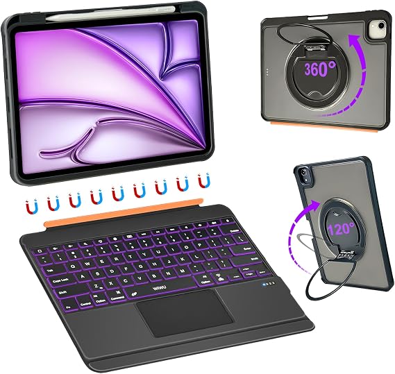 WIWU iPad Keyboard Case Air 13 Inch M4/M3/M2 2026/2025/2024 360 Stand Magnetic Detachable Case with Keyboard 7 Color Backlit Keys Trackpad with Pencil Holder Black (for Pro 12.9" 6/5/4/3)