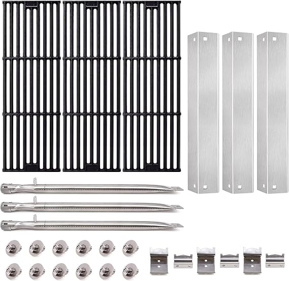 Grill Replacement Parts for Char Griller 5050, 5650, 2121, 3001, 5072, 3030, 2123, 2828, King Griller 3008, 5252, Cast Iron Grates, Heat Plate Shields, Burner Tube, Burner Tube Support Kit.
