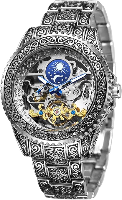 FORSINING Men's Skeleton Engraving Watch Automatic Watch for Men Moon Phase Self Winding Wrist Watch