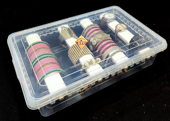 SPC Plastic Adjustable 4 Rod Bangle Box Chudi Set Organizer Jewellery Storage Display Box For Chudi Bracelet Wrist Watch Hair Bands Scrunchies Accessories,Transparent (1),25 X 38 X 9 Cm,25 Centimeters