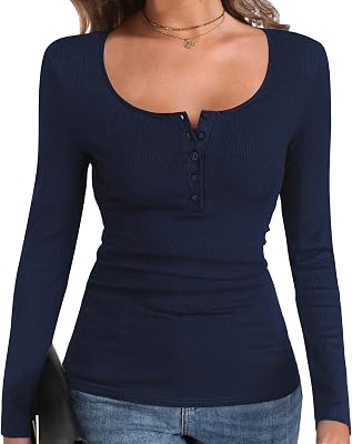 Long Sleeve Shirts for Women Henley Fall Ribbed Button Tops Slim Fit Winter Spring Cute Casual Basic Blouse Tees