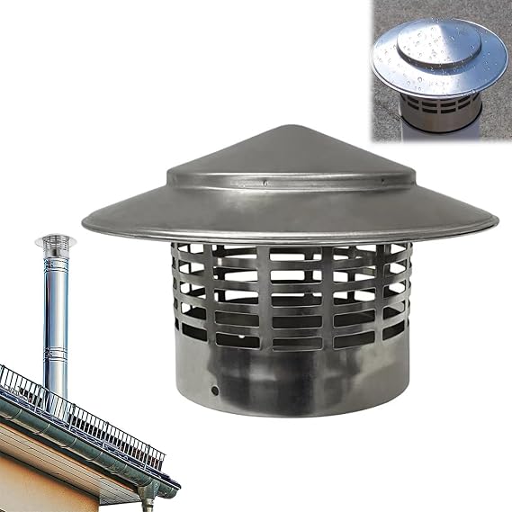 Roof Chimney Cowl, Air Exhaust Duct Cap Roof Top Vent Cap, Safe Proof Chimney Cowl for Fireplace Stainless Steel Chimney Flue Cowl Pipe Rain Cover Protector Cap Round Protection Mesh ,200mm/7.8in