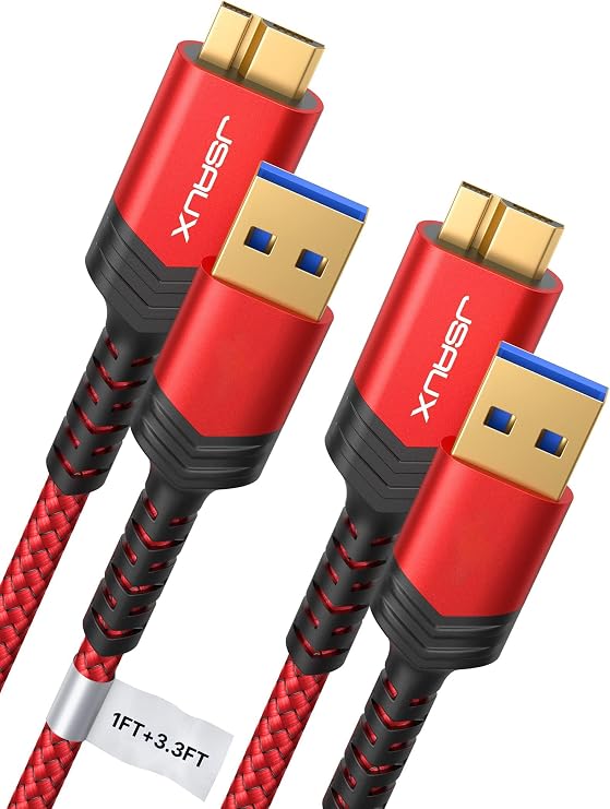 JSAUX Hard Drive Cable [2 Pack,0.3M+1M] USB 3.0 A to Micro B Nylon Cable Compatible with Portable External Hard Drives,WD Elements,Seagate Expansion,Toshiba,Samsung M3 1TB/Galaxy S5/Note 3-Red