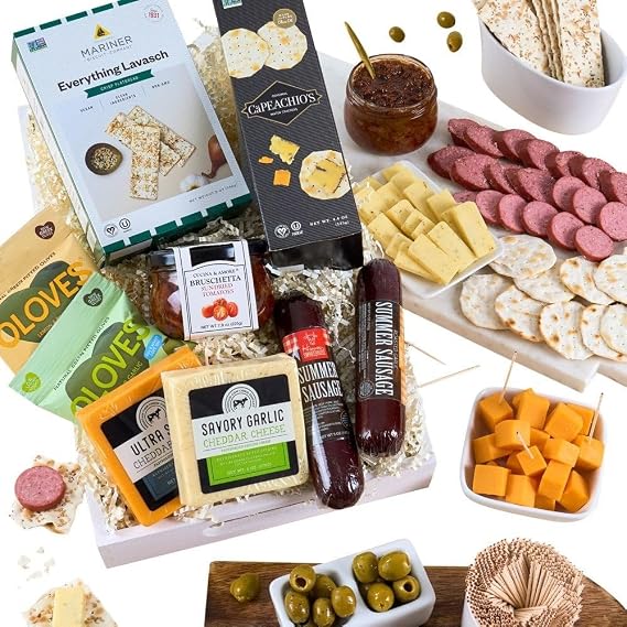 Gourmet Meat & Cheese Sampler Gift Basket - Deluxe Charcuterie Cheese Platter -  Food Gifts