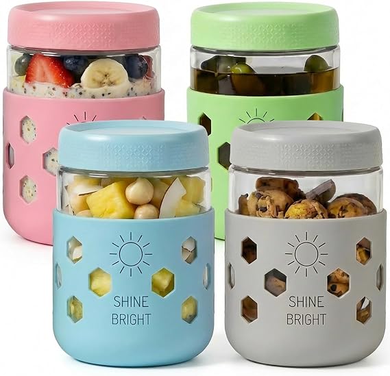 Lazyshine Overnight Oats Containers with Lids and Protective Silicone Sleeve (4 Pack Multicolor)