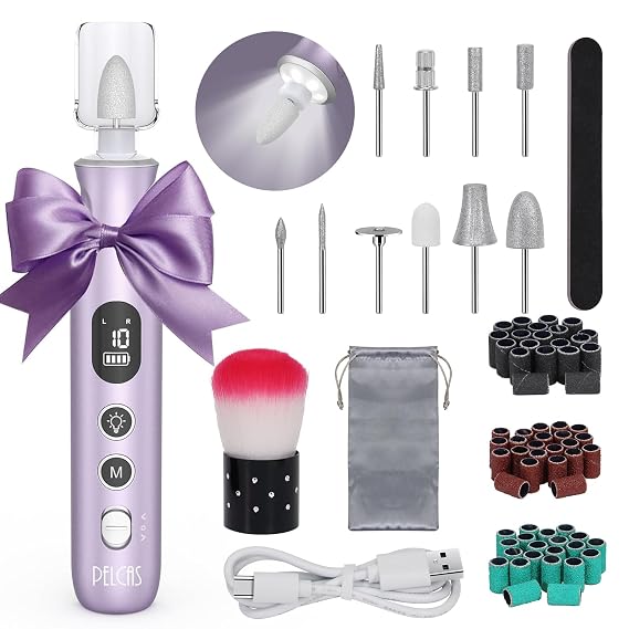 PELCAS Electric Nail Drills, 10 Speeds Cordless Nail File with LED Light