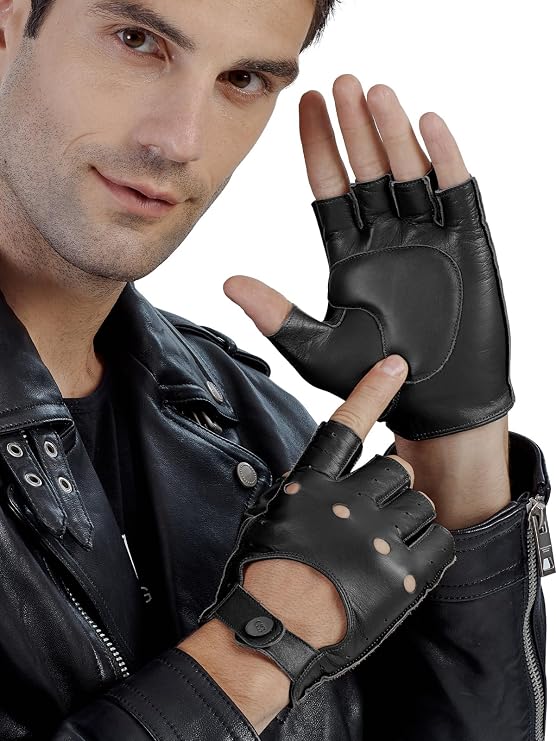 GSG Men's Fingerless Leather Driving Gloves, Half Finger, lambskin