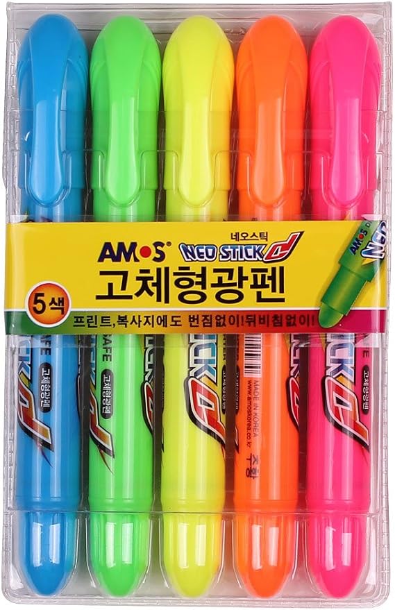 Amos Neo Stick Dry Highlighter Ink Jet Safe, Solid Highlighter - 5 Colors Sets