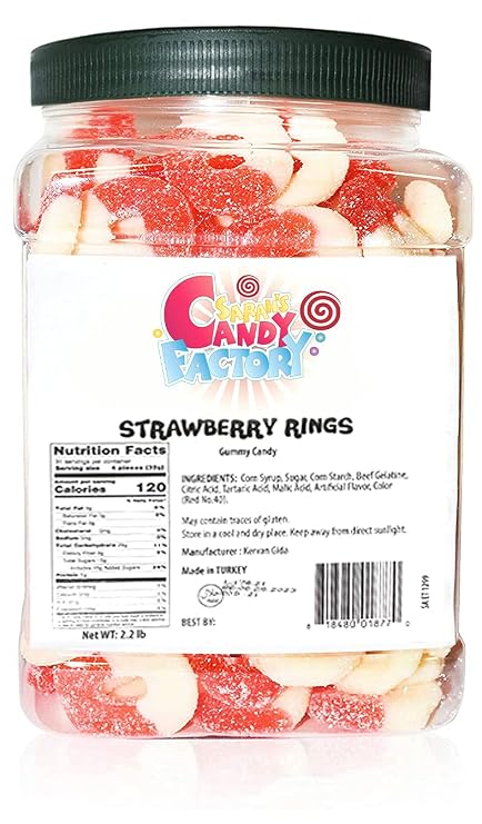 Sarah's Candy Factory Gummy Rings Candy in Jar, 2.2 Lbs (Strawberry)