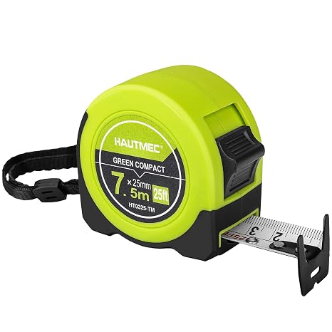 HAUTMEC Tape Measure 25ft with Fractions 1/8 Dual Scale Metric & Imperial Measuring Tape Retractable Compact Economical for Home DIY Renovations Crafting Quick Fixes HT0325