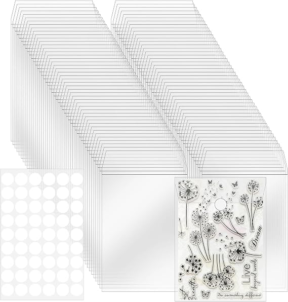 VOKOY 100 Pack 5"X7" Clear Stamp and Die Storage Pockets, Reusable Clear Plastic Sleeves with Stickers, Sheet Protectors for Photos Postcards Sticker Art Prints Recipe Cards
