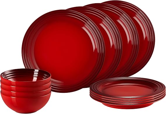 Le Creuset 12 Piece Stoneware Dinnerware Set, Cerise, 79351000607081