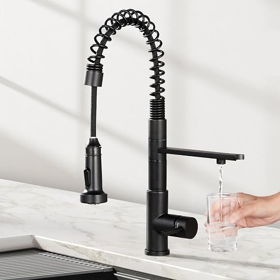 CREA 3-in-1 Commercial Style Spring Spout Black Kitchen Faucet with Filtered Water Dispenser and Pull-Down Sprayer, Single Handle Stainless Steel, Deck Plate for 1 or 3-Hole Sinks